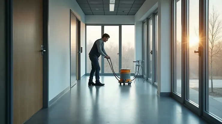 Schoonmaakteam aan het werk in een kantoorruimte