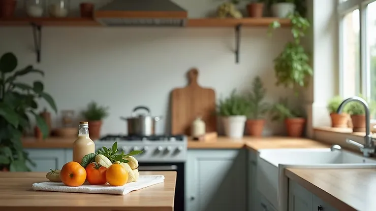 Keuken met ecologische schoonmaakproducten op het aanrecht